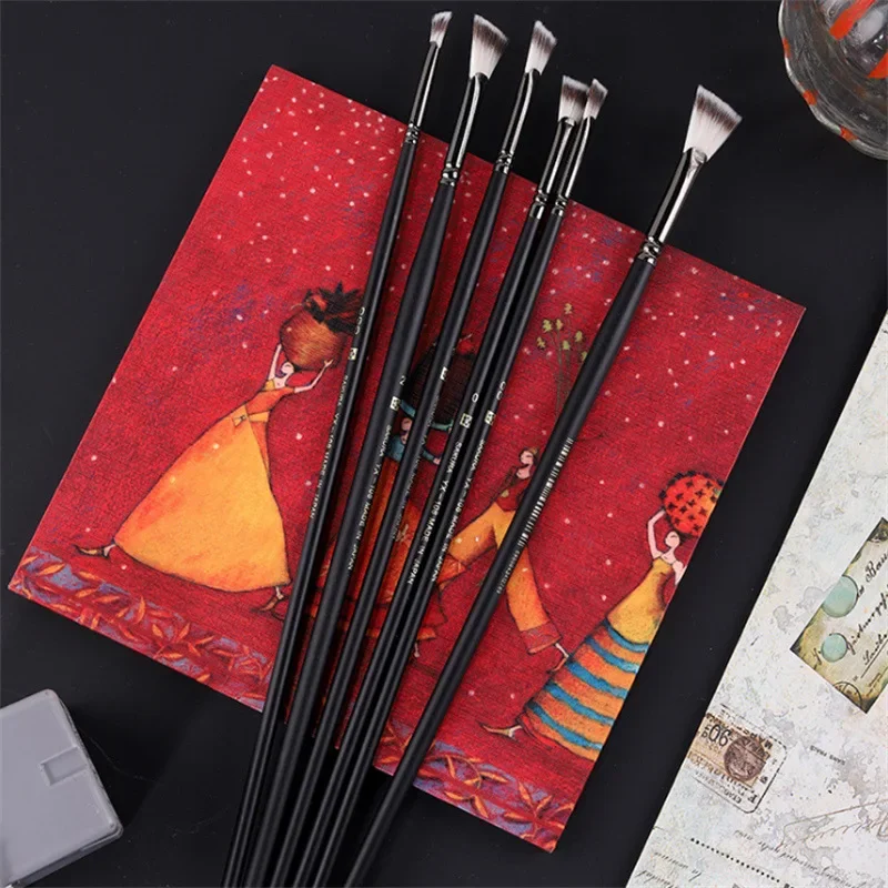 

Fan-shaped Nylon Brushes 6 Pack Gouache Watercolor Acrylic Oil Paint Black Lacquered Wooden Pole Art Painting Color Pen