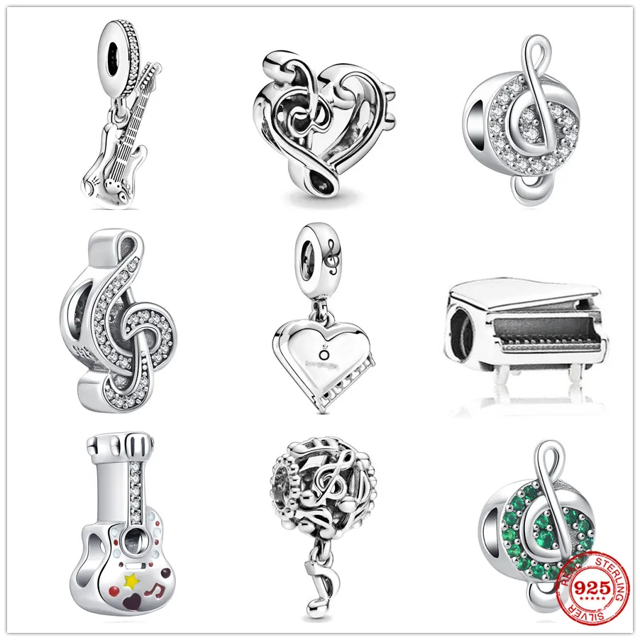 925 Sterling Silver Music Notes Electric Guitar Piano Heart Dangle Charm Bead Fit Original Bracelet DIY Women Jewelry beads charms charm jewelry sterling silver jewelry charm bead silver charm bracelet sterling silver beads sterling silver beads charm