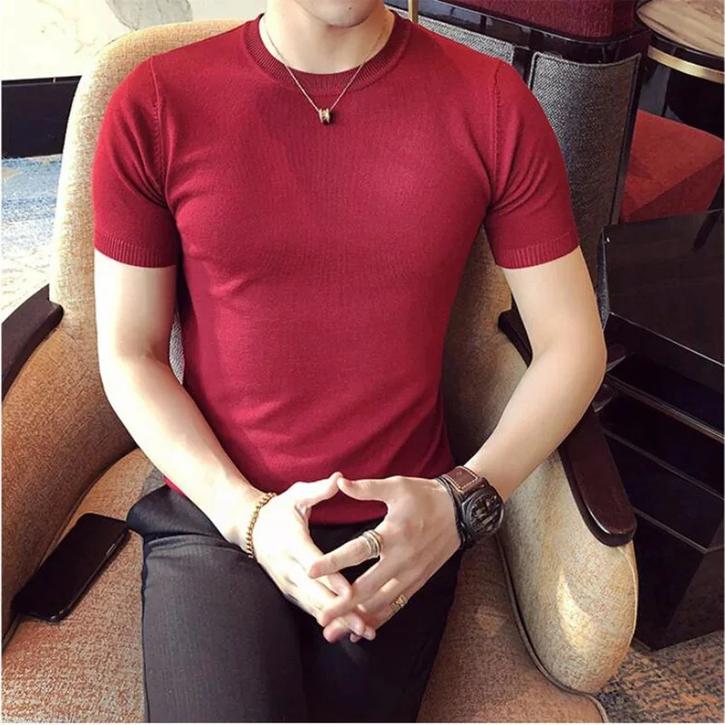 

2024 Men's Spring Short Sleeve Knit Sweaters/Male Slim Fit Fashion Set Head Casual Shirt/Man Round Collar Sweaters S-3XL