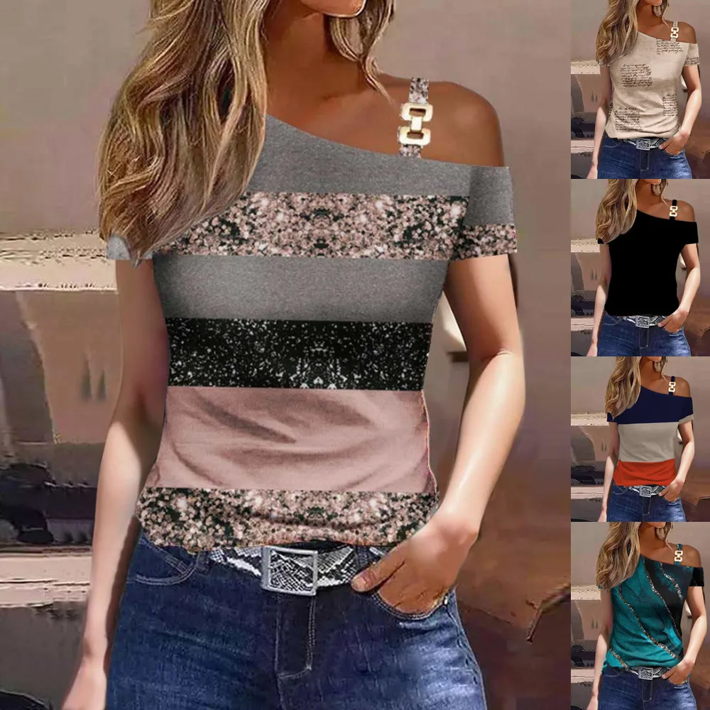 

2023 Summer Women Striped Print Loose T-shirts Casual Female One Off Shoulder Metal Buckle Tee Tops 티셔츠 футболка