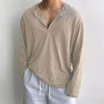 Cotton Men's Long Sleeve T-shirts for Men Blouses Korean Trend Harajuku Loose T Shirts Spring Autumn Bottoming Shirts Soft 1