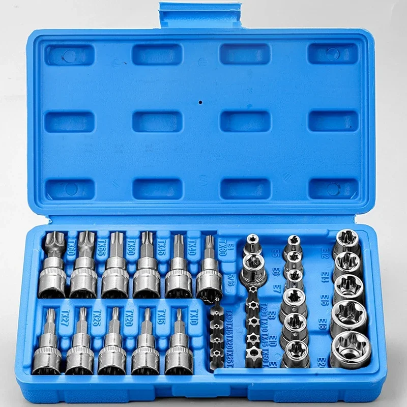 Professional 34pcs Torx Bit Socket & E-Torx Star Socket Set 1/4" 3/8" 1/2" Drive Male Female E-torx Bits Handheld Tool with Case