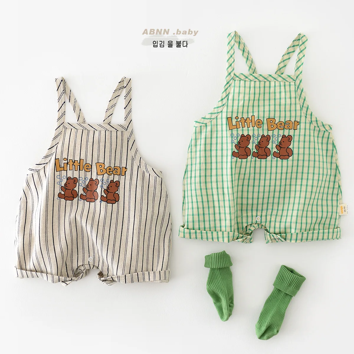 

Jenny&Dave nfants and young children 2023 summer sleeveless short crawling cotton teddy bear printed striped jumpsuit for boys a