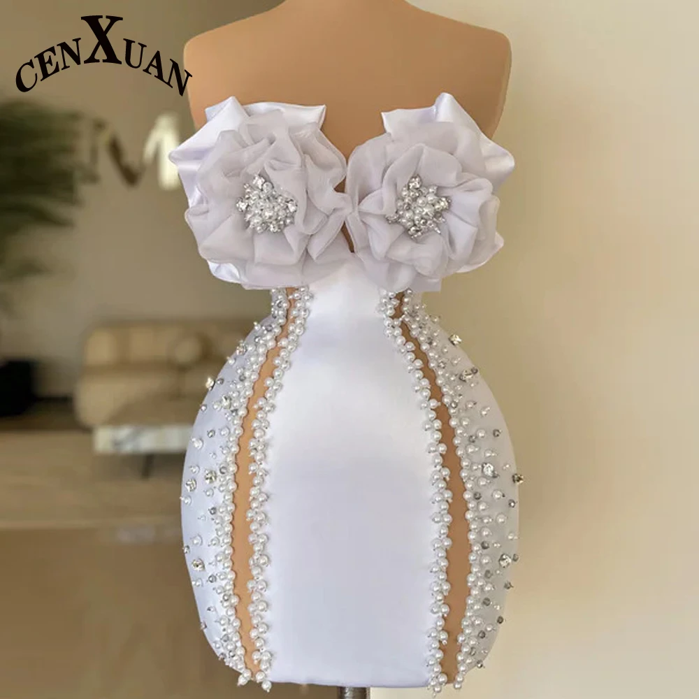 CENXUAN-Mini robe de graduation personnalisée, robe de mariée exquise, gaine de perles, sans bretelles, charmante