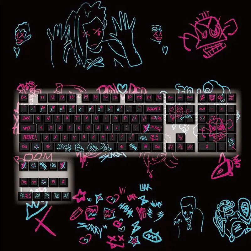 Lol Game Character Jinx Keycap Cereja Pbt 123 Chaves Teclado Mecânico Graffiti Cinco Lados Sublimação Térmica Diy - Imagem 2