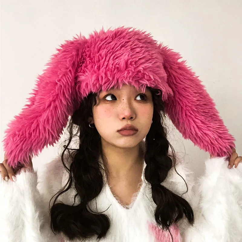 

2023 New Rabbit Ears Beanies Korea Ins Niche Cute Rose Red Plush Pullover Cap Winter Warm Keeping Funny Photography Women's Hats