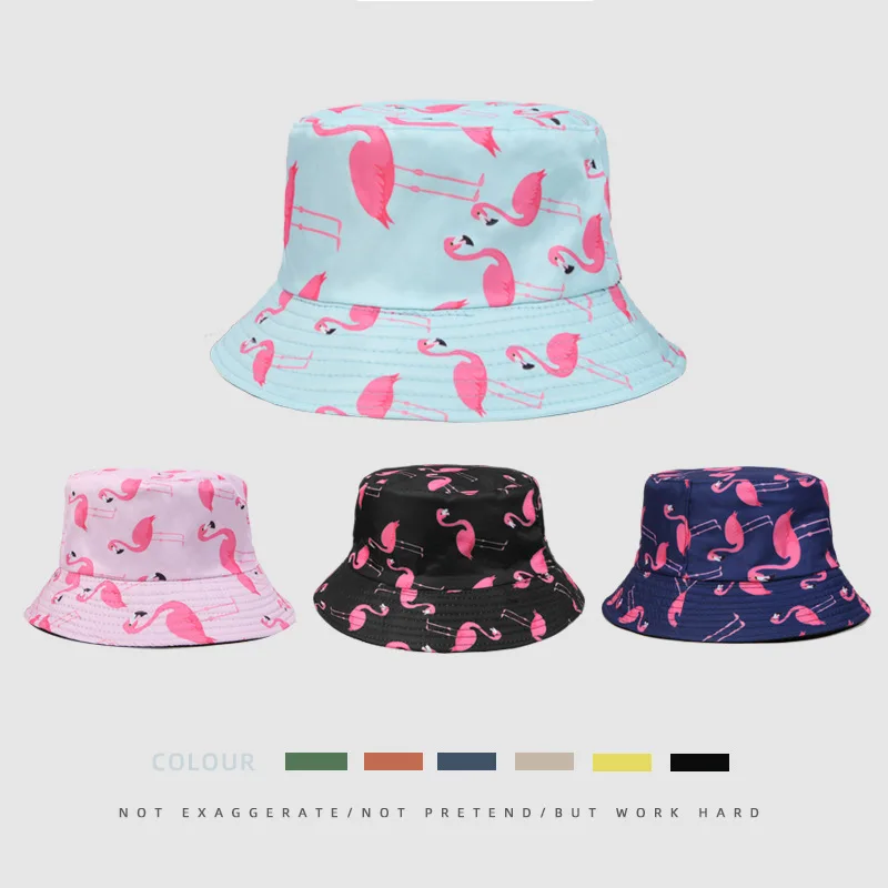 

New Fashion Women Bucket Hats Lady Flamingo Print Hat Men Hip Hop Outdoor Panama Fisherman Cap Hat For Women