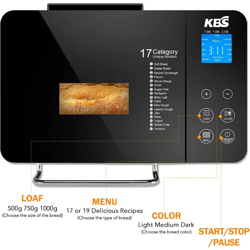 Pro Stainless Steel Bread Machine, 2LB 17-in-1 Programmable XL Bread Maker with Fruit Nut Dispenser,