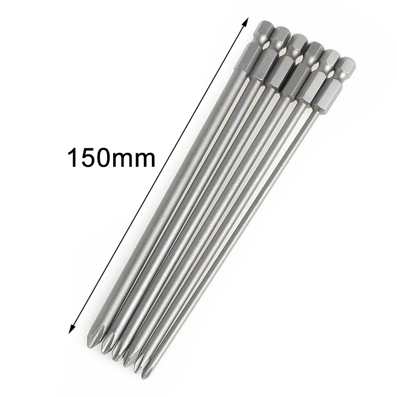 

6PCS Magnetic Hex Cross Head Screwdriver Bits, 14in Shank, 150mm Long, High Hardness Alloy Steel, Firmly Fixed, Silver Color