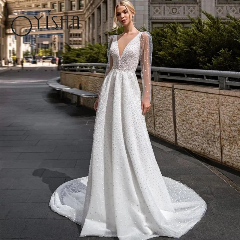 

OYISHA Delicate Dot Tulle Wedding Dresses Modern V-Neck A-Line vestido de noiva Puff Sleeves Charming Backless Bridal Gowns 2023