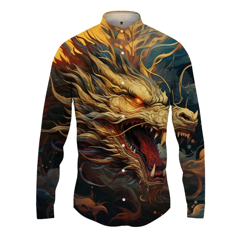 thumbnail image 1 of Nueva ropa de calle para hombre, moda de primavera y otoño, camisa con estampado de dragón 3D y botones para hombre, camisa hawaiana de manga larga para hombre, 1 of 4