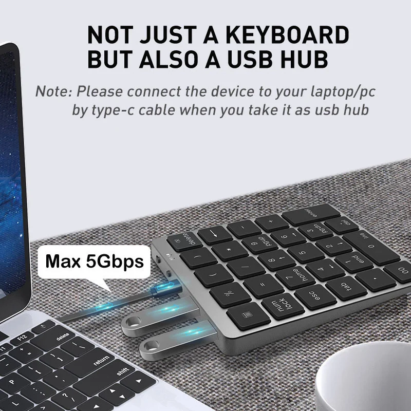 USB 허브가 있는 블루투스 숫자 키보드, 태블릿 PC 노트북 데스크탑 3.0, 충전식 금속 숫자 패드 디지털, 28 키