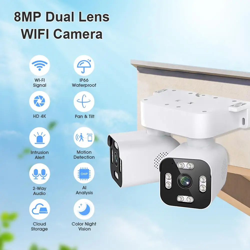 Advanced Dual-Lens WiFi Home Outdoor Security Camera Remote Night Vision HD Waterproof Monitor Mobile Phone Integration Ultimate Surveillance (AU Plug)