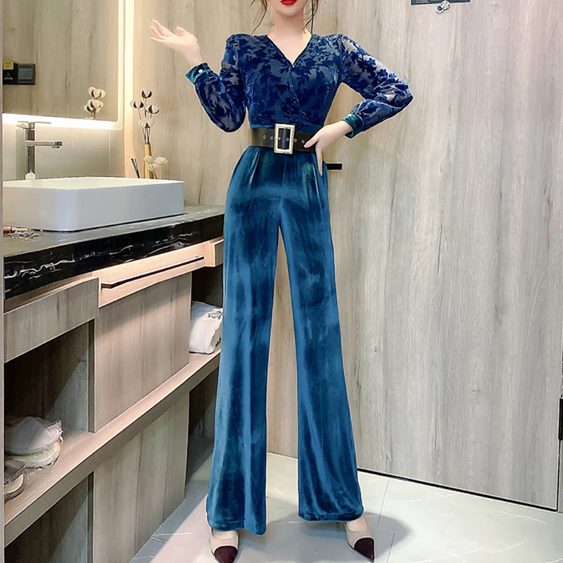 Women Elegant Velvet Jacquard Jumpsuit 2023 New Sexy V-neck Puff Sleeves Bodysuit Overalls Ladies Casual Rompers Wide Leg Pants