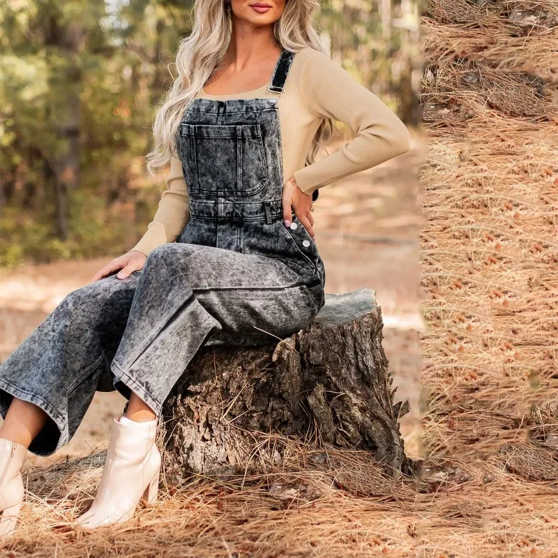 2024 New Fashion Women's Denim Retro Sleeveless Wide Leg Jumpsuit Casual Loose Pants with Pockets and Shoulder Straps YDL26