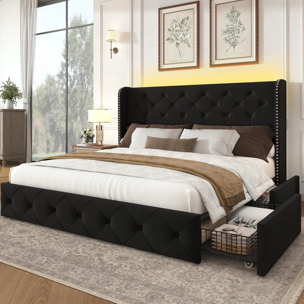 Bed Frame with LED Lights and 4 Storage Drawers Velvet Upholstered ...