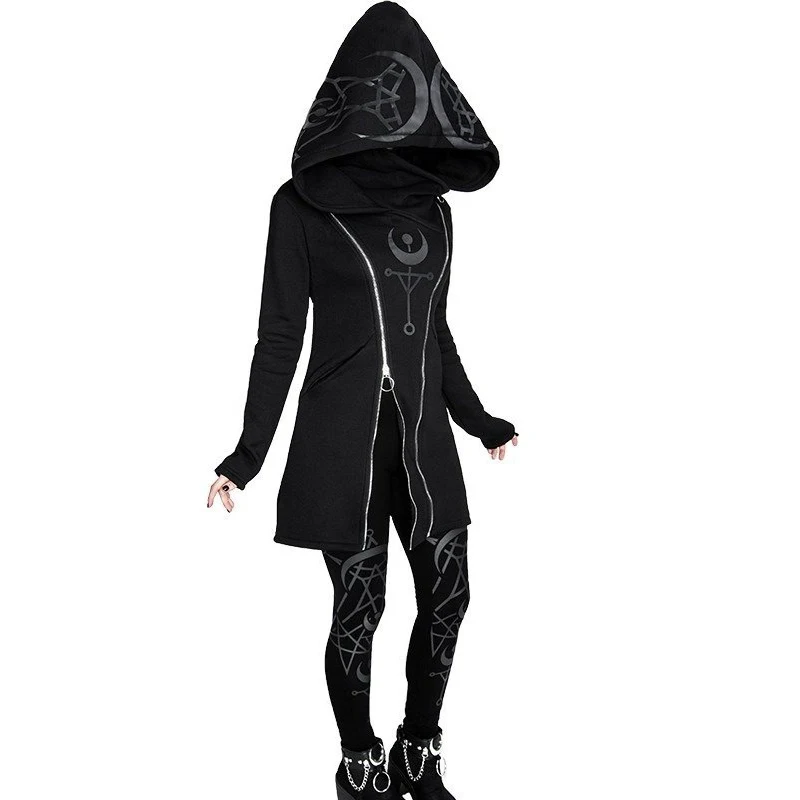 

Gothic Punk Women Hooded Double Zipper Casual Black Hoodies Slim Fit Female Dark Sweatshirt Goth Outdoors Clothes Hoody