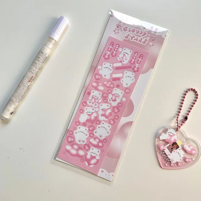 1Pc Korean Pink Heart Border Animal Laser Sticker Flakes Idol Card Deco Scrapbook DIY Material Decoration Stationery Stickers 1Pc A