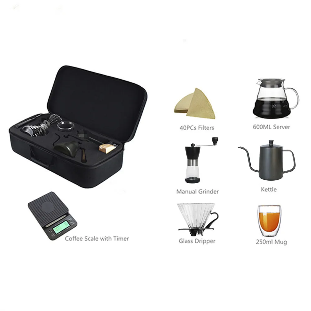 Pour-Over Coffee Set Outdoor Travel Bag With Pour Over Stand Share Pot  Glass Grinder Black Steel Coffee Kettle Filter Paper - AliExpress