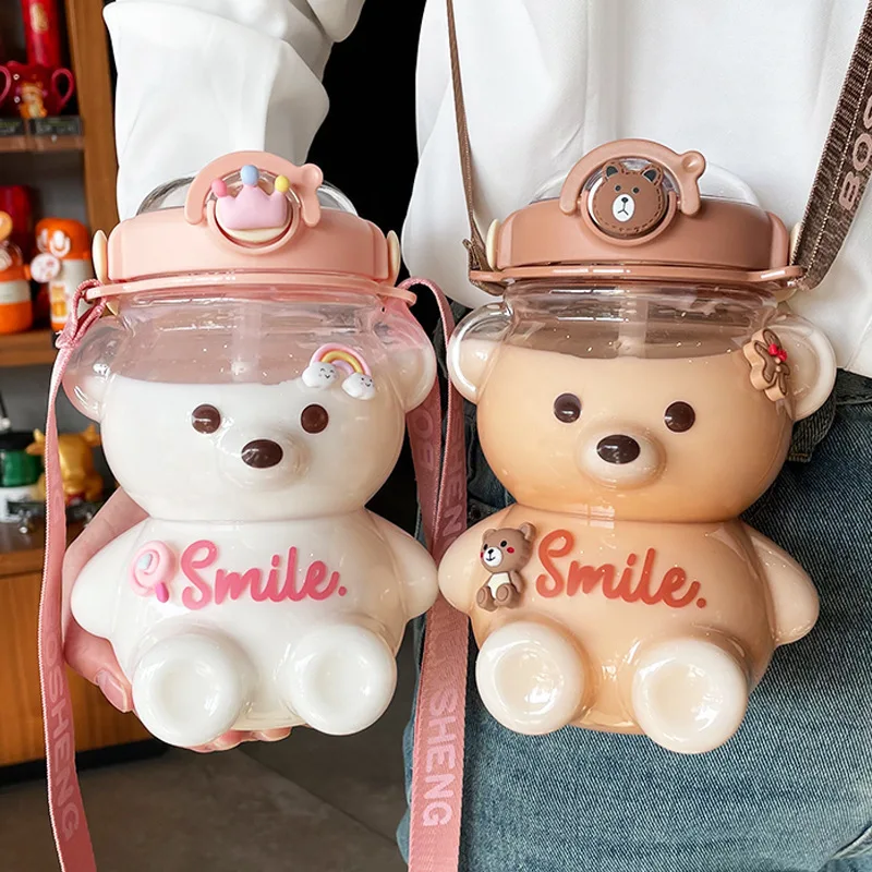 

1000ML/1400ML Cute Children Water Bottle Girls Kawaii Bear Kettle with Straw Summer Large Capacity Plastic Drinking Bottle