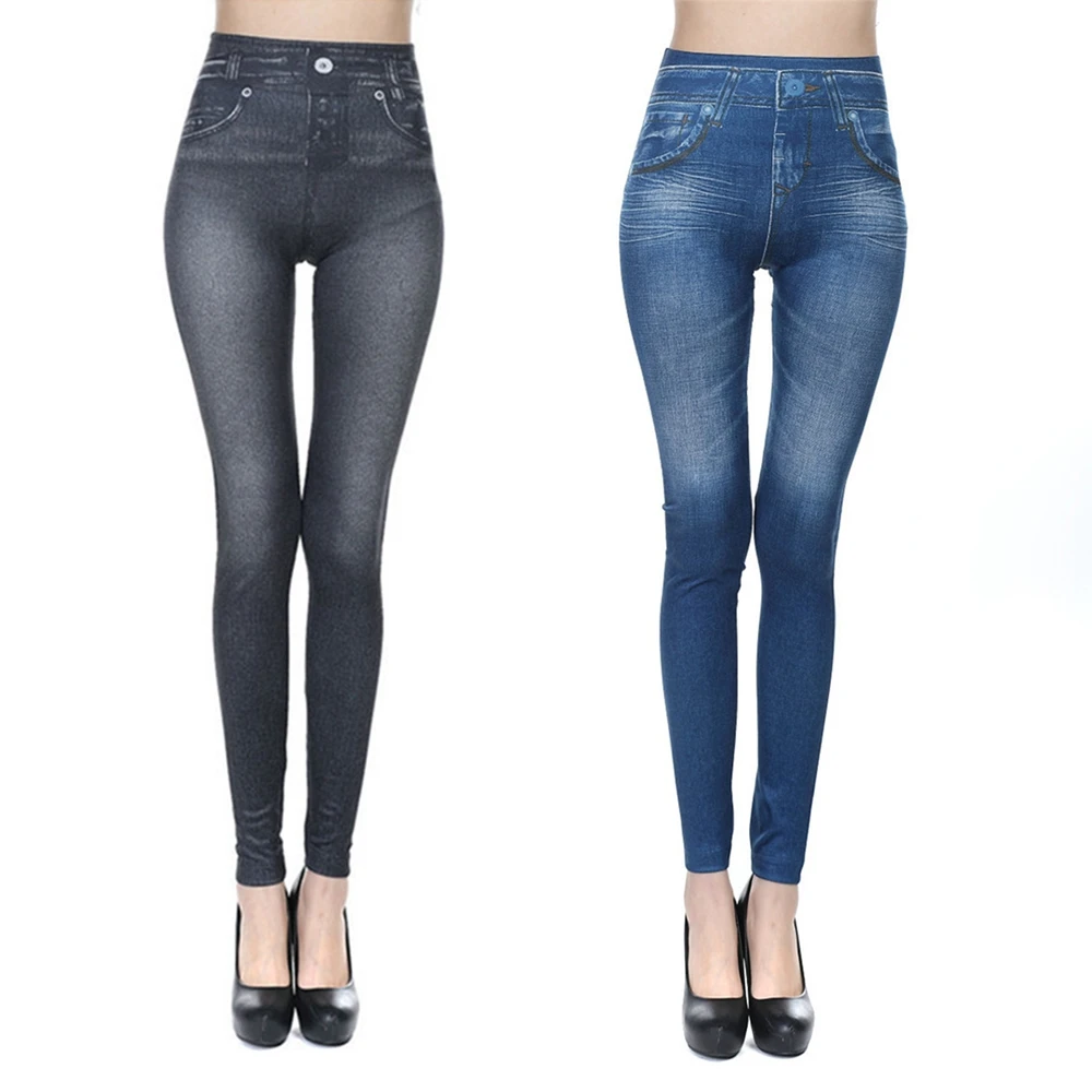 

Full Length Sexy Stretchy Women's Denim Print Pants Slim Skinny Jeggings Pencil Pants Seamles Leggings with Pockets