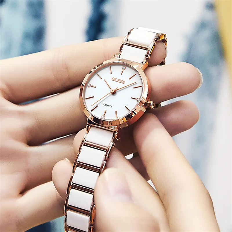 

2024 OLEVS Top Brand White Ceramics Women's Quartz Watch Ladies Luxury Dress Fashion Rose Gold Women Watches reloj para mujer