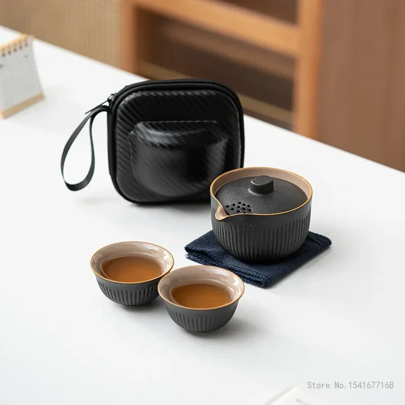 Creative High-end Black Yellow Orange Dark Green Tea Set One Pot Two cups Ceramic Home Portable Outdoor Camping Travel Gift, 1Pc