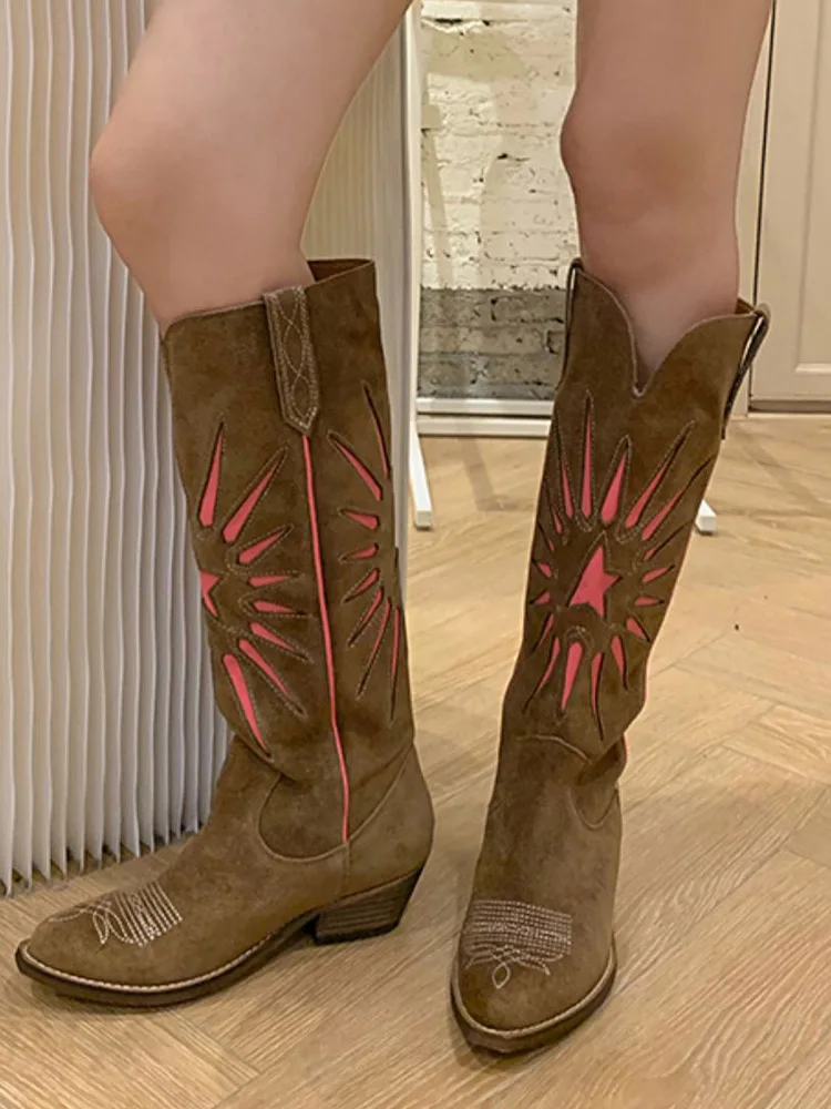 

Vintage Embroidery Cow Suede Knight Boots Women Slip-On Knee High Block Heels Shoes Patchwork Cowboy Pointed Toe Chelsea Boots
