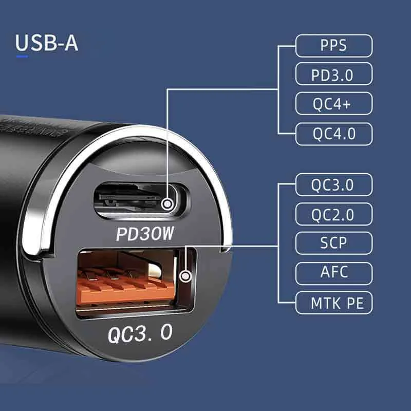 Caricabatterie per auto super veloce invisibile PD30W con anello di trazione in metallo, ricarica flash QC3.0 da 100 W_voghion.com