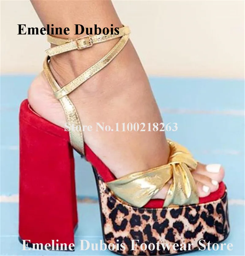 

Leopard Patchwork Chunky Heel Sandals Emeline Dubois Open Toe Gold Red Mixed-colors Thick Heel Dress Shoes Bowtie Heels