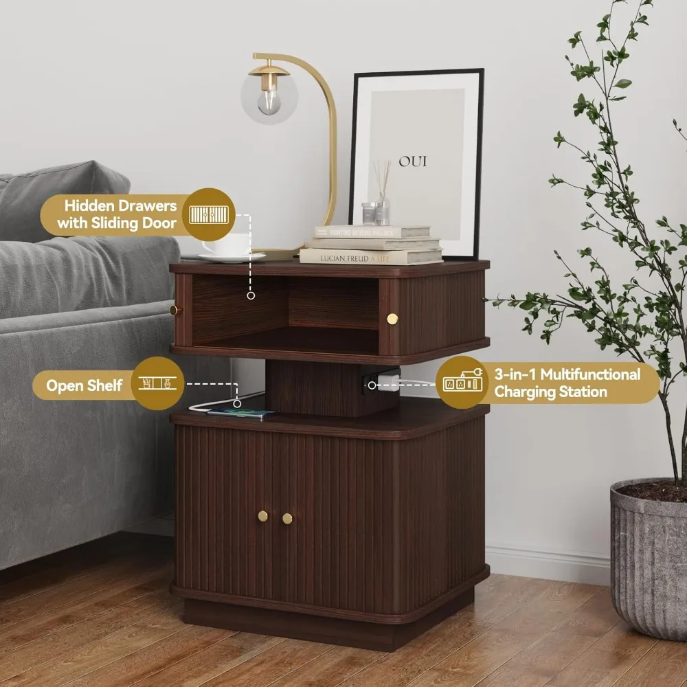 Night Stand, LED Nightstand, Modern Nightstand with Charging Station, Night Stand with 2 Drawers and Sliding Door, Curvy Edge 6