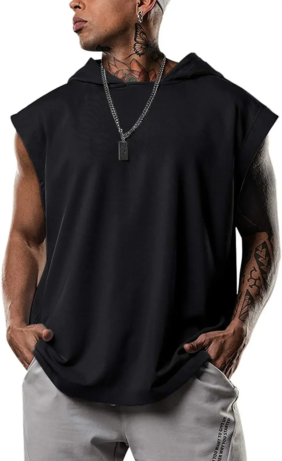 2025 Hooded Solid Color New Men's Casual Pullover Sports Men's T-shirt Sleeveless Men's Waistcoat Loose 4