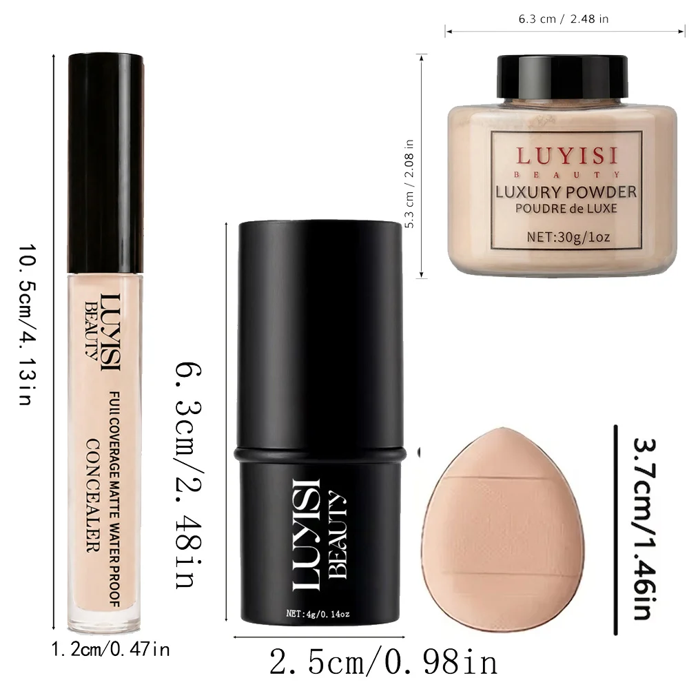 Set completo di trucco per il viso da 4 pezzi: 1 correttore + 1 cipria + 1 contorno + 1 spugnetta. Cosmetici per il viso impeccabili, opachi, impermeabili e morbidi. - immagine 6