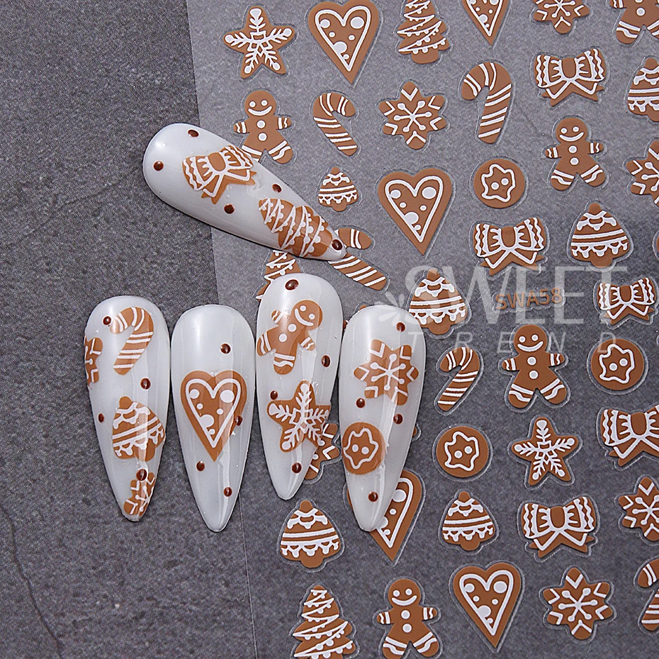 2pcs 3D Christmas Gingerbread Man Nail Stickers Cute Candy Bows Heart Nail Slider Winter Snowflake Nails Decorations Accessories