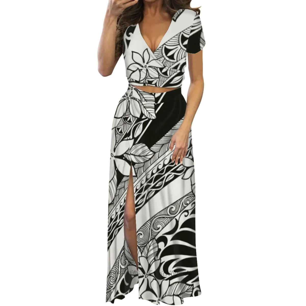 

HYCOOL-Two-Piece Evening Dresses for Women, Black, Floral Totem Prints, V-neck, Short Sleeve, Casual, New, 2022