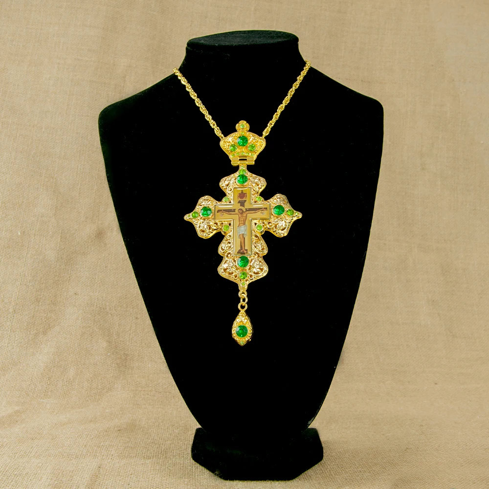 Greek Gold Plated Alloy Orthodox Pendant Russian Pectoral Cross with Jesus Icon Necklace for Priest Крест наперсный с цепью religious ritual accessories