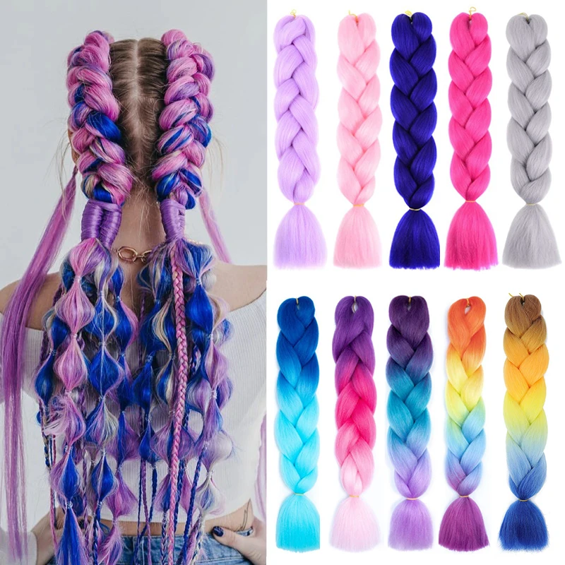 24Inch Synthetic Jumbo Braid Pre Stretched Braiding Hair Extension Ombre Black Pink Blue Hairpiece clip in ponytail hair extension synthetic ponytail synthetic hair accessories clip in ponytail extensions For Women
