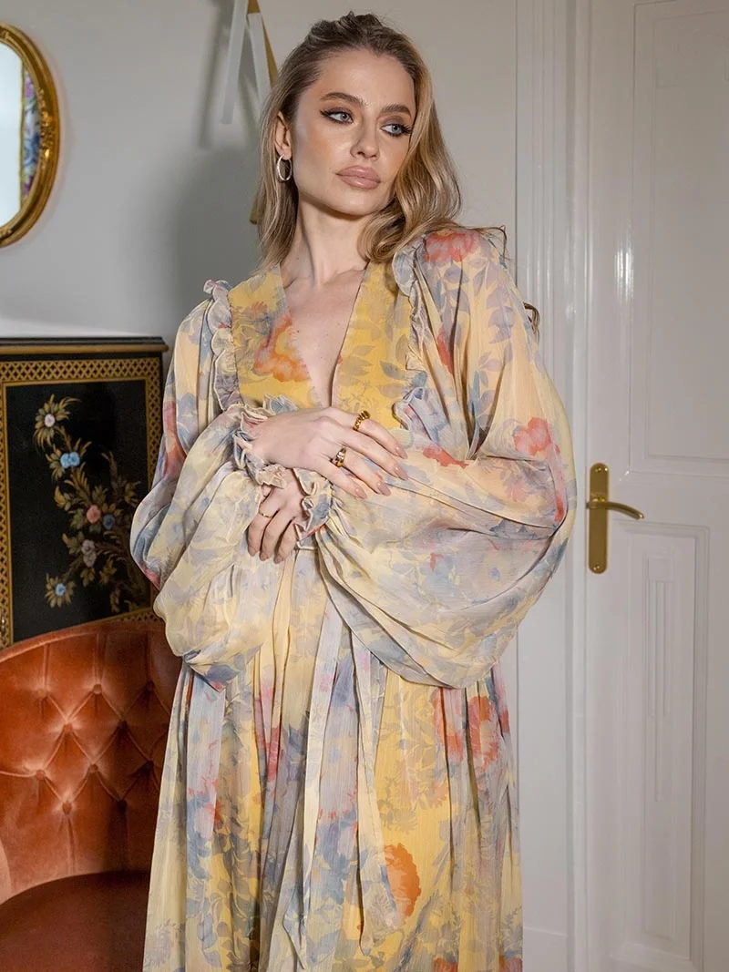 

Bandage Chiffon Women Long Dresses Floral Long Sleeve Pleated Boho Beach Dress Sexy Wrap Maxi Dresses For Women Summer 2023