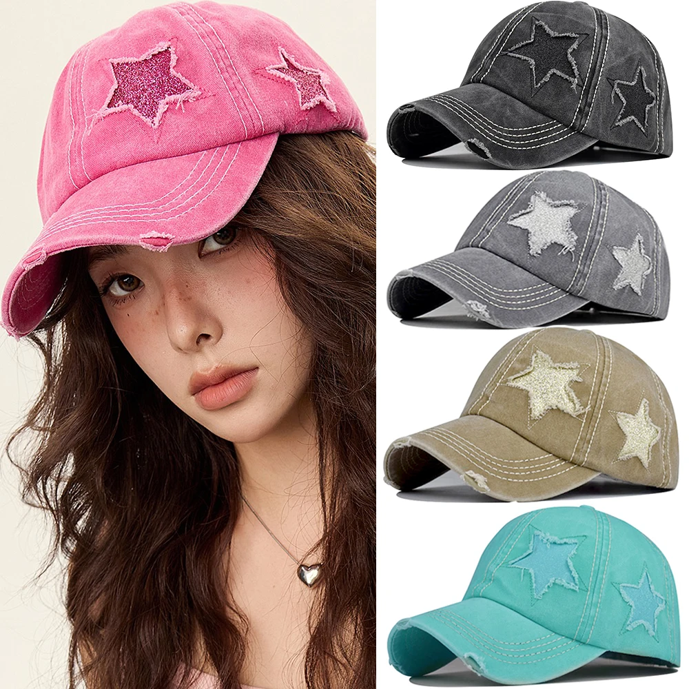 

Y2K Unisex Summer Ponytail Hole Star Baseball Washed Denim Cap Snapback Hats Fashion Outdoor Sport Fishing Hat Casquette Gorras