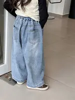 Spring and Autumn Children's Pocket Wide Leg Jeans Contrast Loose Relaxed Pants for Boys and Girls Jeans Baby Kids Trousers 2-9Y 4