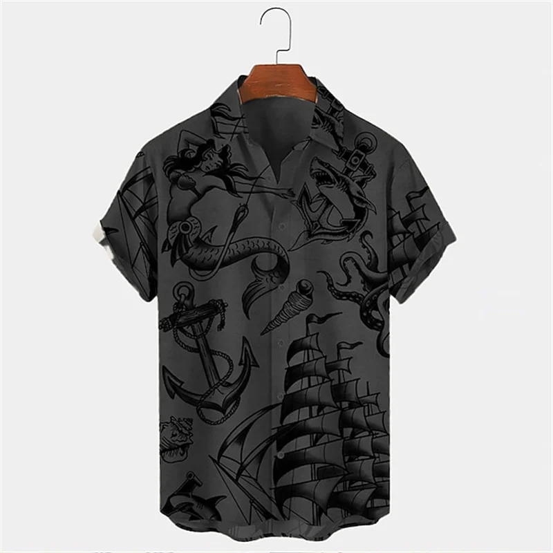 Men's Vintage Mermaid Print Shirts Boat Anchor Print Button Shirts Summer Ocean Element Shirts Men's Hawaiian Leisure Shirts 6