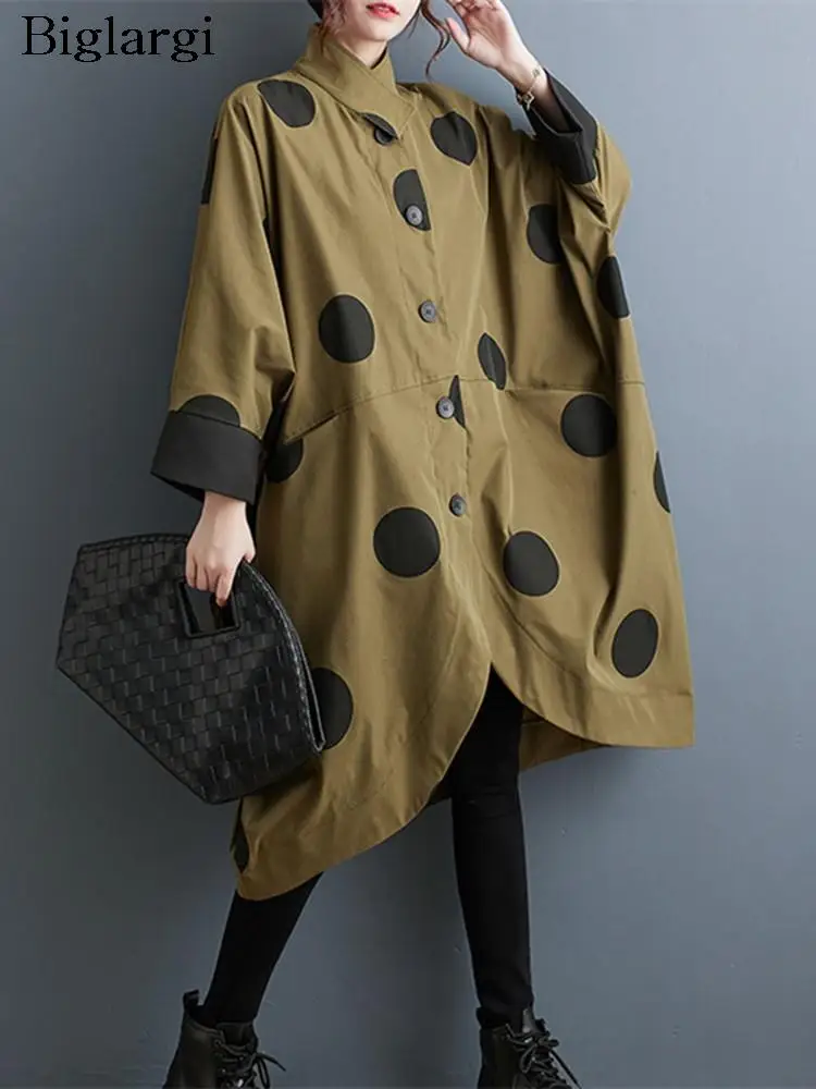 Oversized Polka Dot Trench Coat Women Vintage Autumn Loose Oversized Polka Dot Trench Coat Women Vintage Autumn Loose