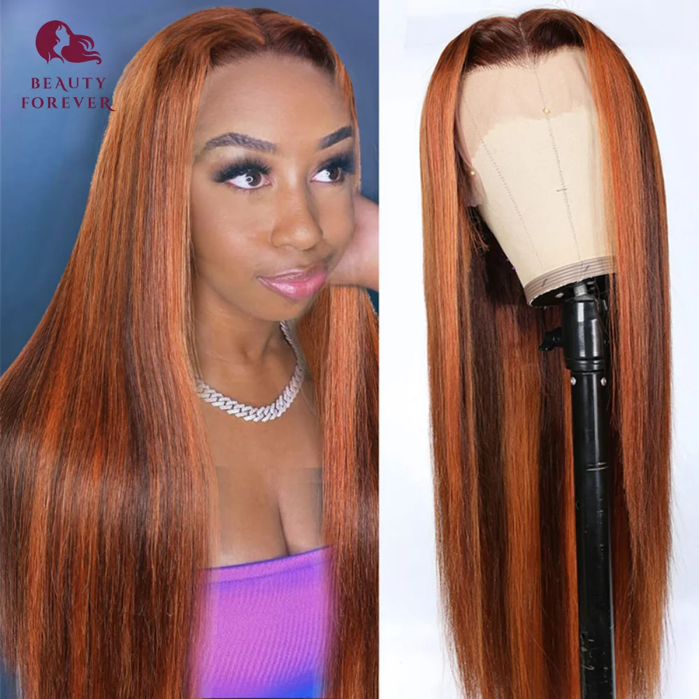 

Clearance Sale Highlights Ginger Brown Silky Straight Transparent Lace Front Wigs For Women Mixed Ginger Real Human Hair Wig