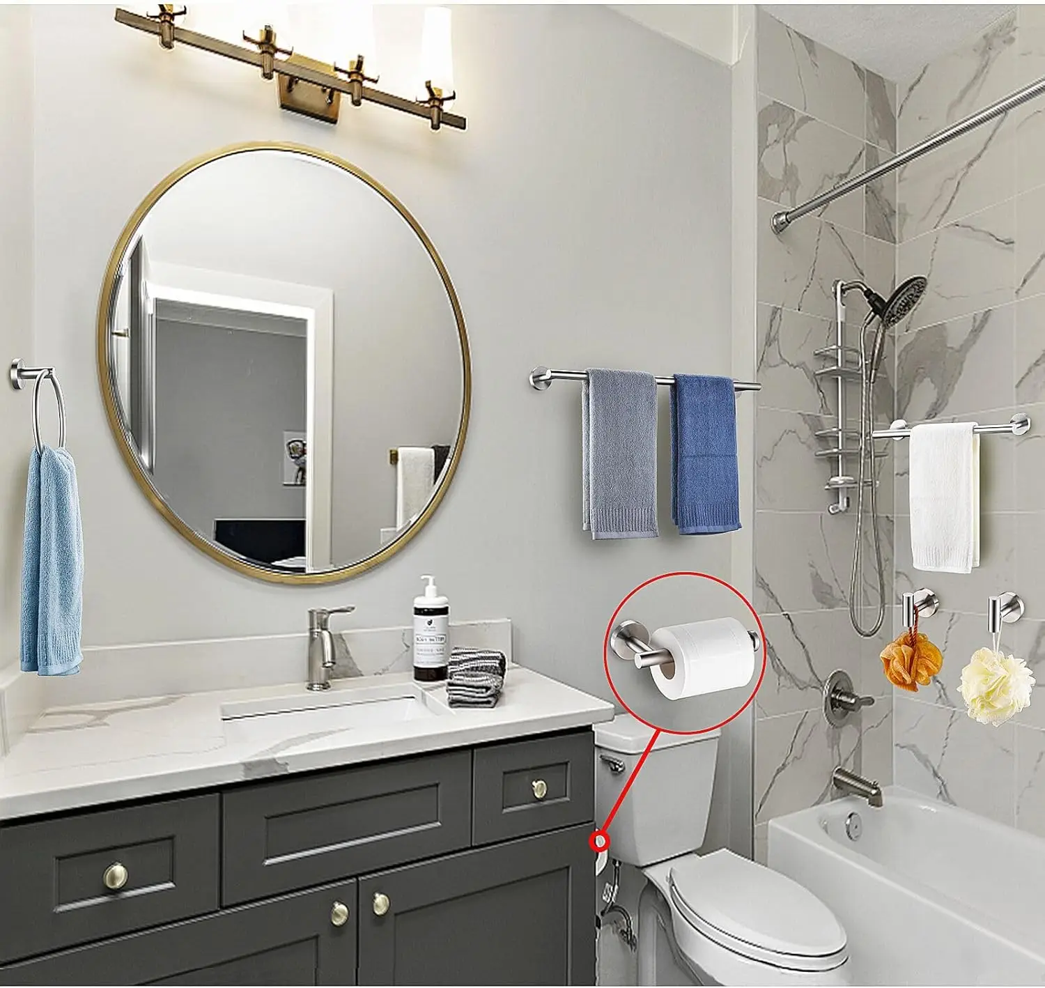 12-Piece Bathroom Set. Brushed Nickel. 16&23.6" Round Towel Bar, Ring, Hooks. SUS 304 Stainless Steel. Heavy Duty. Wall-Mounted.