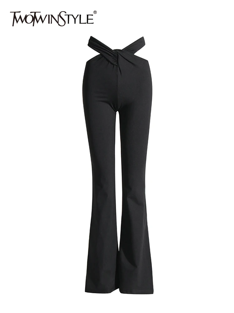 

TWOTWINSTYLE Solid Hollow Out Flare Pants For Women High Waist Patchwork Folds Slimming Temperament Pant Female Fashion Clothing