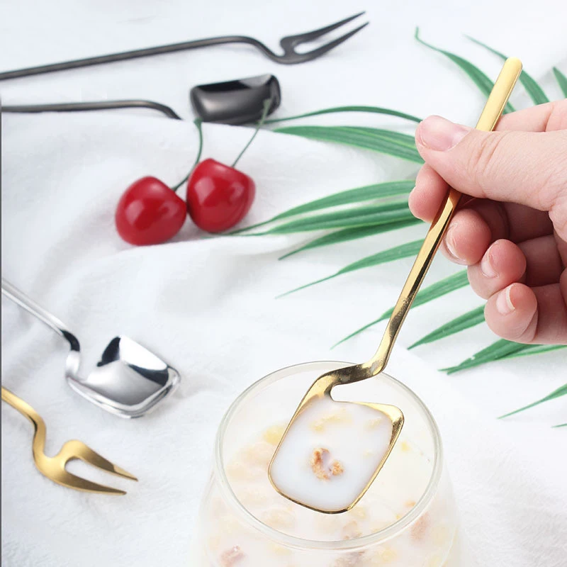 Stainless Steel Fruit Fork Wall-mounted Gold Plated Long Handle Stylish Latte Ice Cream Sundae Coffee Spoon 1pcs stainless steel spoon fruit fork