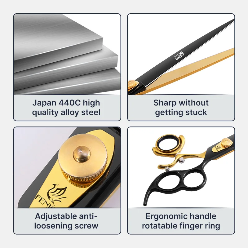 Fenice Professional Dog Scissors JP440C 7.0/8.0 inch 3-hole handle swivel black gold straight cutting pet grooming scissors dog grooming scissors