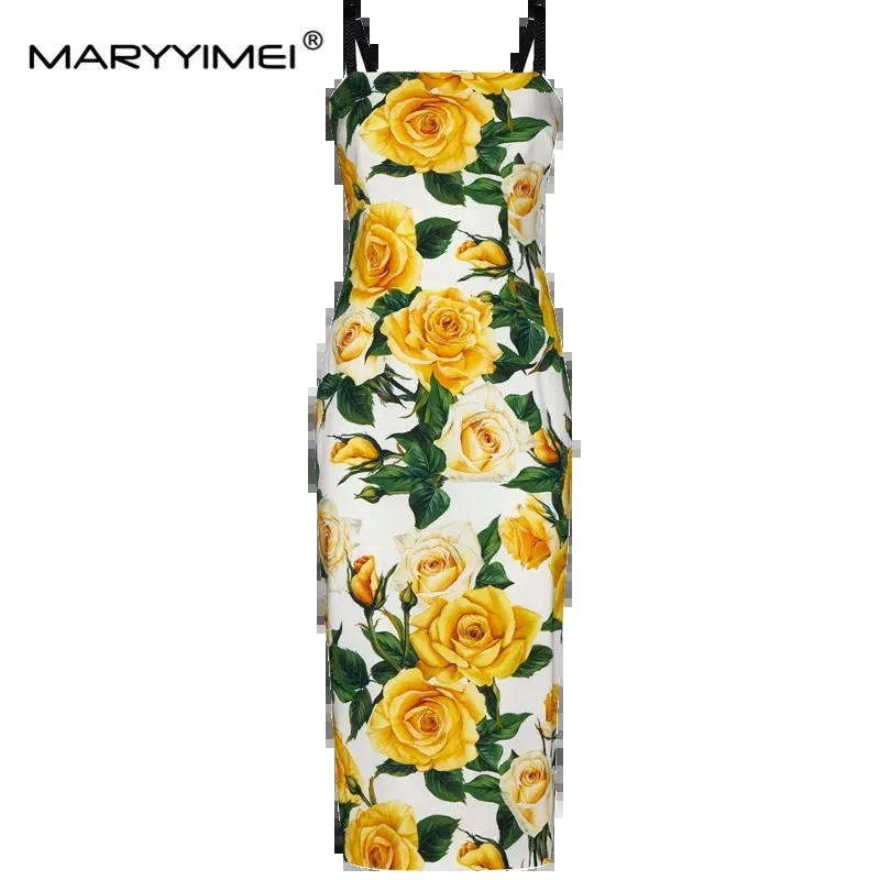 

MARYYIMEI Fashion Designer Women's New Silk Spaghetti Strap Sleeveless Vintage Printed Strapless Hip Wrap Slim-Fit MIDI Dress