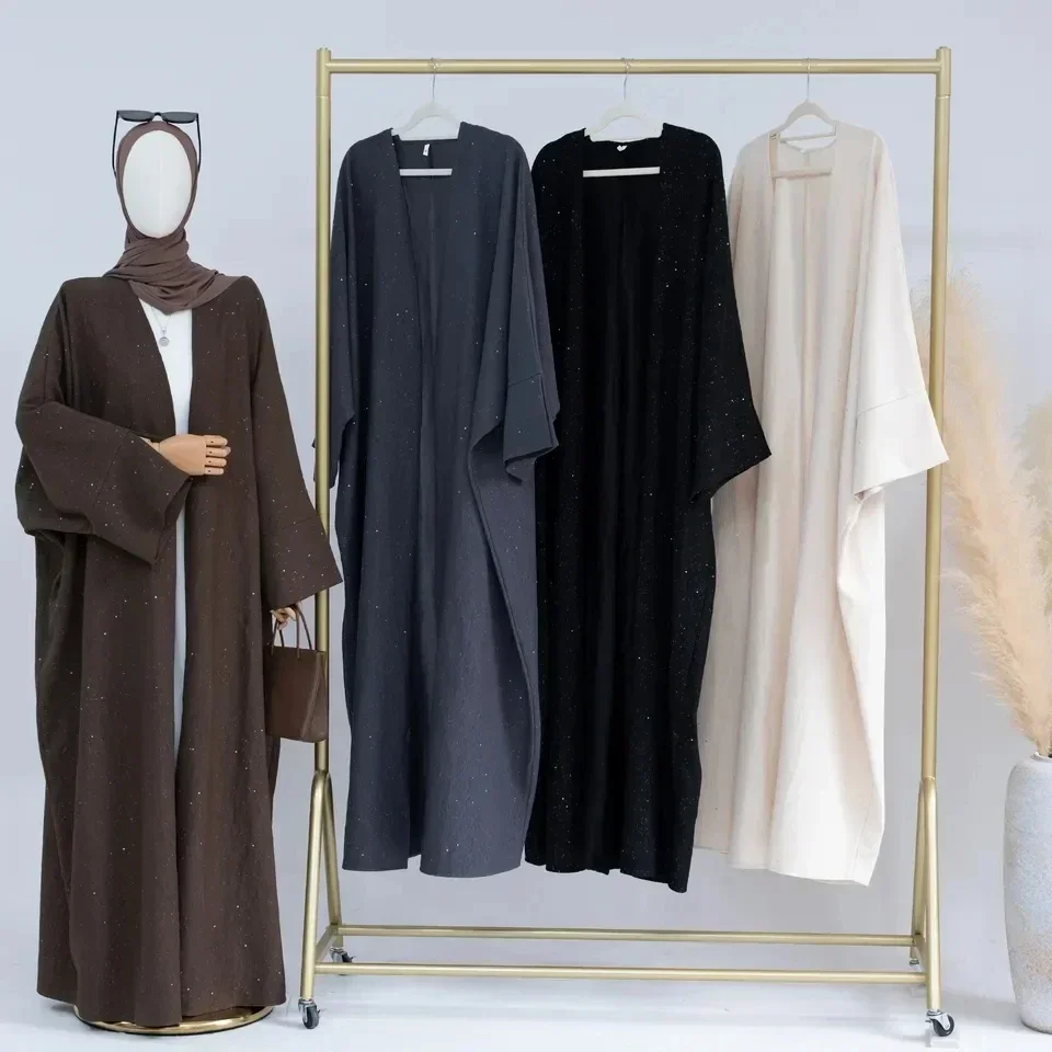 Open Abaya for Muslim Winter Clothes Women Coat Thick Glitter Abayas Dubai Autumn Turkey Long Warm Dress Islamic Outfit Kaftan
