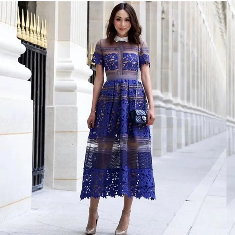 

Runway Designer Summer Women Lapel Collar Long 2023 New Elegant Sexy Lace Hollow Out Patchwork Mesh Blue Maxi Party Dress